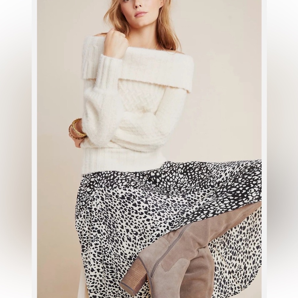Anthropologie Ivory Off the Shoulder Margo Puff Sleeve Sweater Large Cozy‎ Cabin